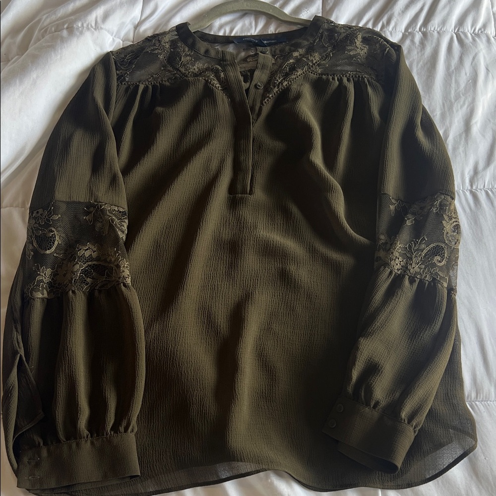 French connection Olive Green Lace Sleeve Blouse size medium